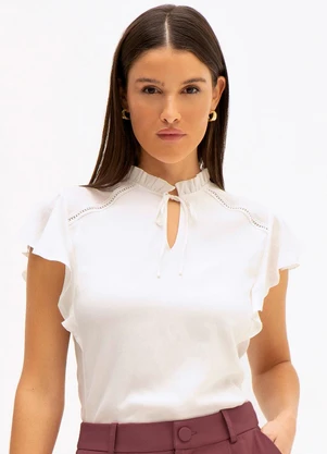 Principessa - Blusa com Babados e Entremeio em Viscose Off White Giulia - PRINCIPESSA
