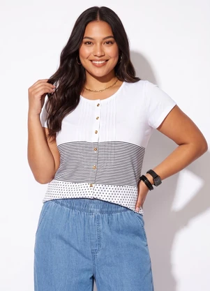 Quintess - Blusa com Botões Frontais Listras e Branco - QUINTESS