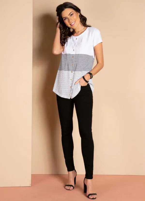 Quintess - Blusa com Botões Frontais Listras e Branco 4