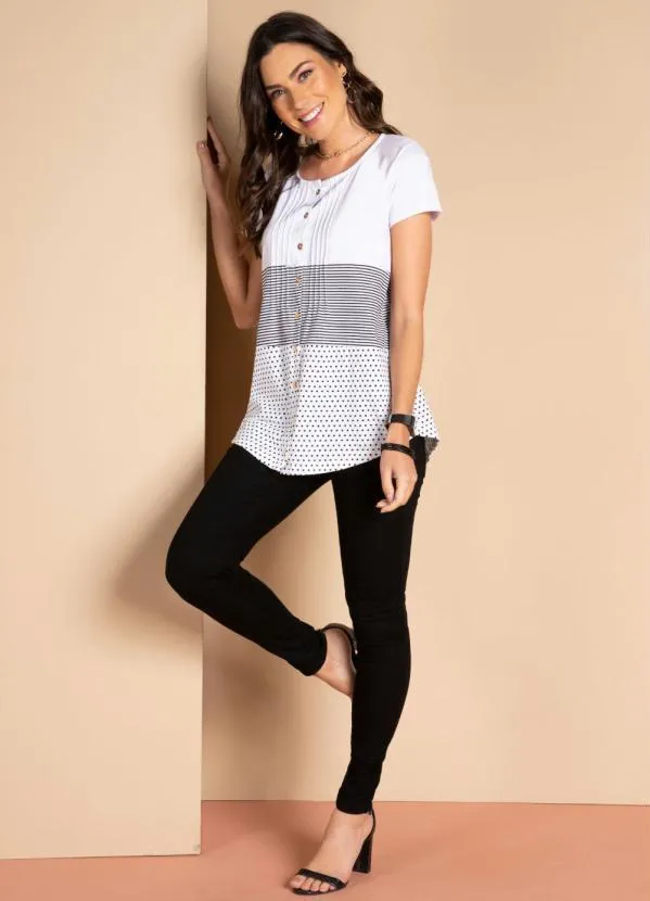Quintess - Blusa com Botões Frontais Listras e Branco 6