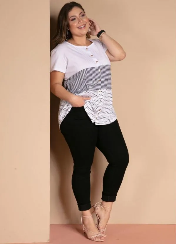 Quintess - Blusa com Botões Frontais Listras e Branco 9