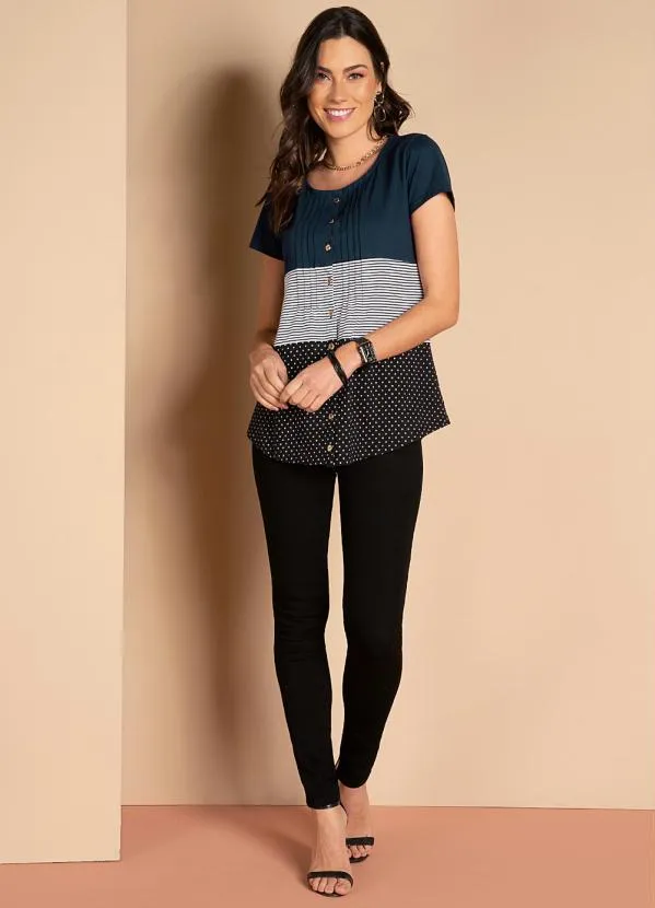 Quintess - Blusa com Botões Frontais Listras e Marinho 8