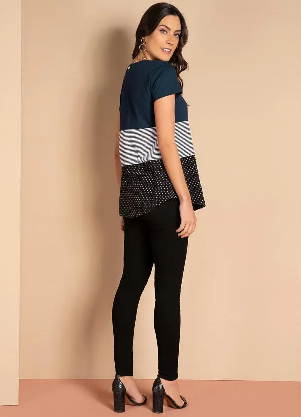 Quintess - Blusa com Botões Frontais Listras e Marinho 7