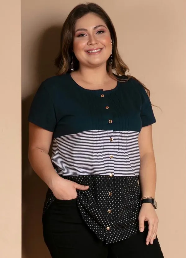 Quintess - Blusa com Botões Frontais Listras e Marinho 4