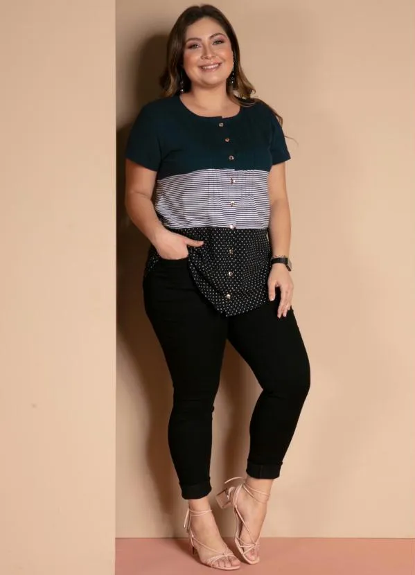 Quintess - Blusa com Botões Frontais Listras e Marinho 2