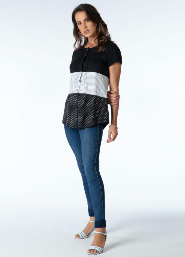 Quintess - Blusa com Botões Frontais Listras e Preto 3