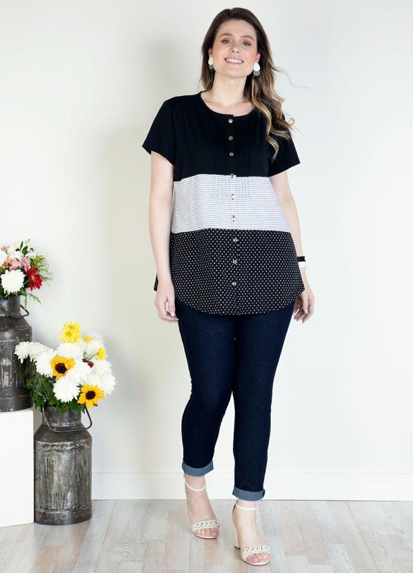 Quintess - Blusa com Botões Frontais Listras e Preto 7