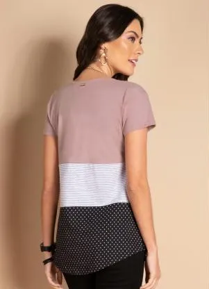 Quintess - Blusa com Botões Frontais Listras e Rosa - QUINTESS