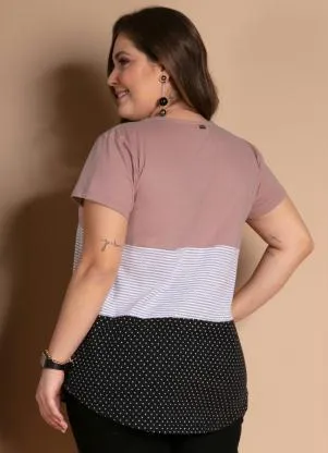 Quintess - Blusa com Botões Frontais Listras e Rosa - QUINTESS