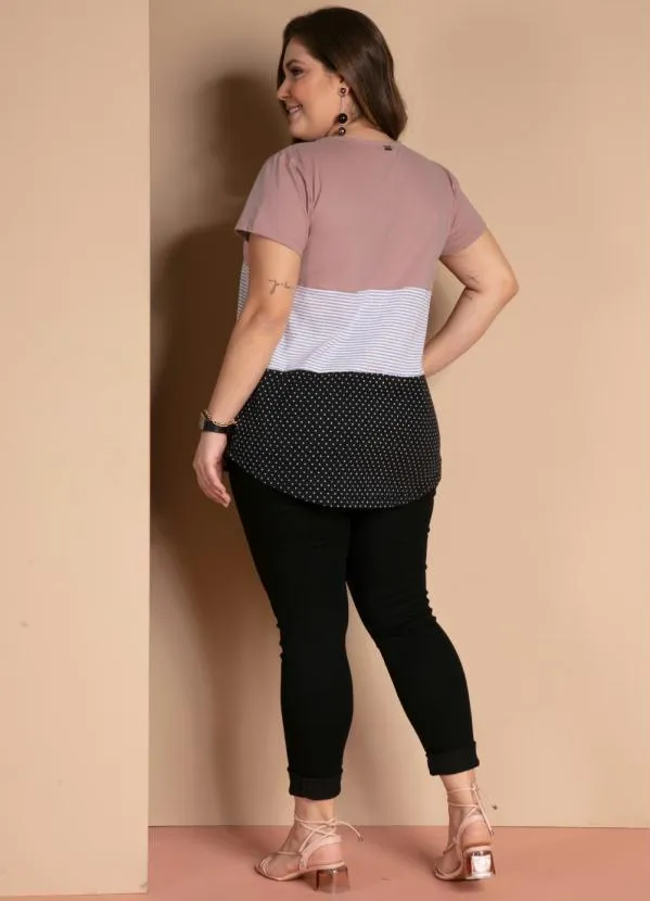 Quintess - Blusa com Botões Frontais Listras e Rosa