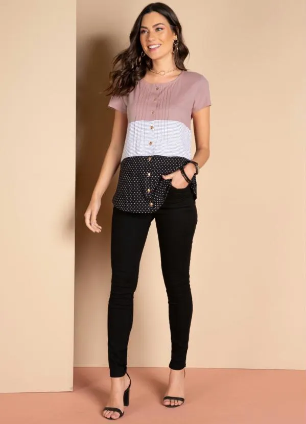 Quintess - Blusa com Botões Frontais Listras e Rosa 3