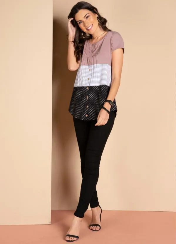 Quintess - Blusa com Botões Frontais Listras e Rosa 5