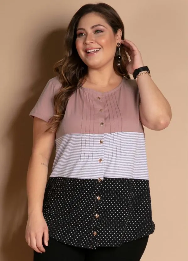 Quintess - Blusa com Botões Frontais Listras e Rosa 7