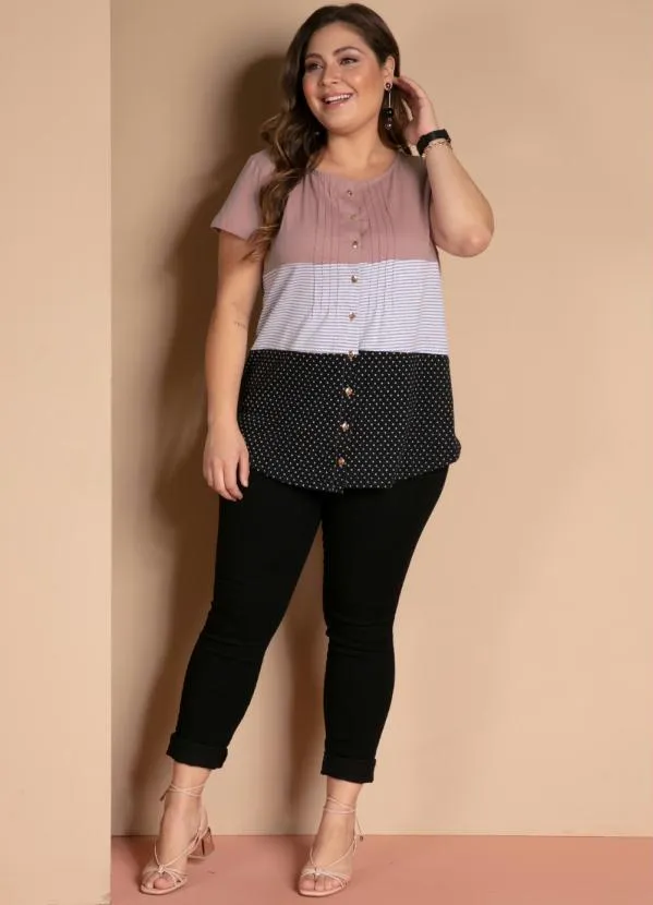 Quintess - Blusa com Botões Frontais Listras e Rosa 9