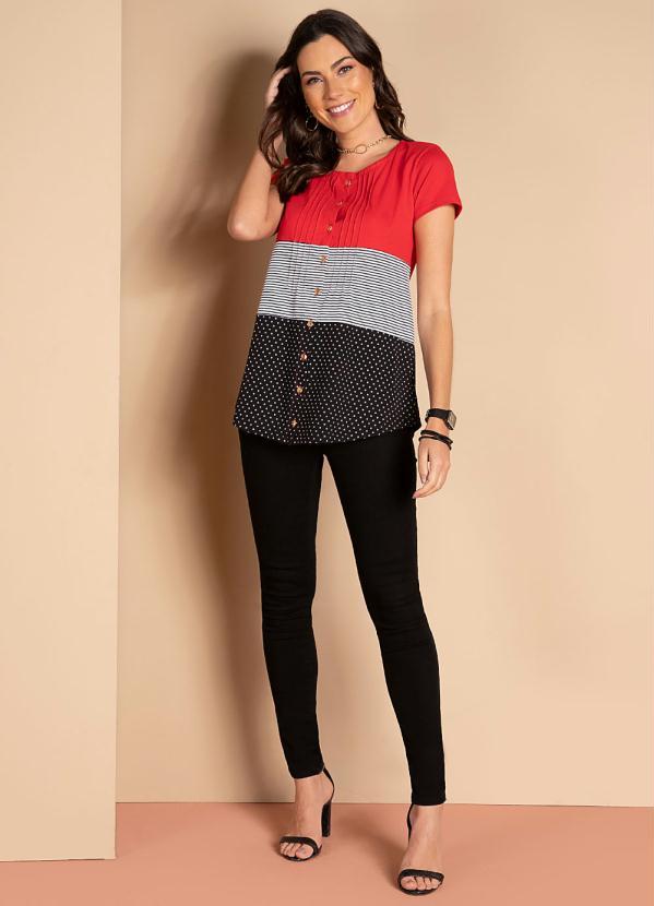Quintess - Blusa com Botões Frontais Listras e Vermelho 3