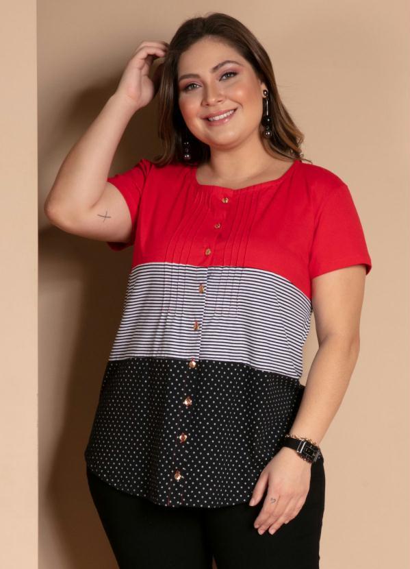 Quintess - Blusa com Botões Frontais Listras e Vermelho 6