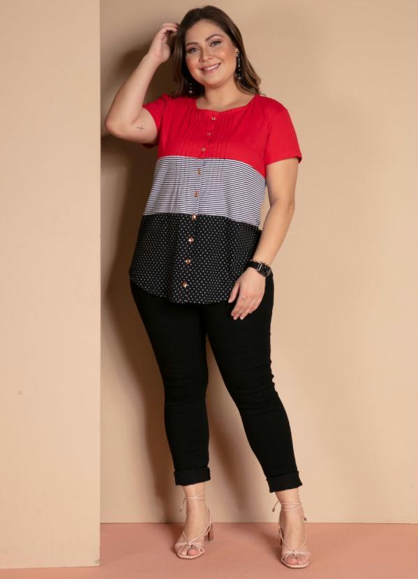 Quintess - Blusa com Botões Frontais Listras e Vermelho 8