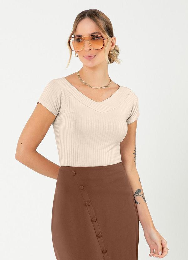 Cativa - Blusa com Decote V Canelada Bege
