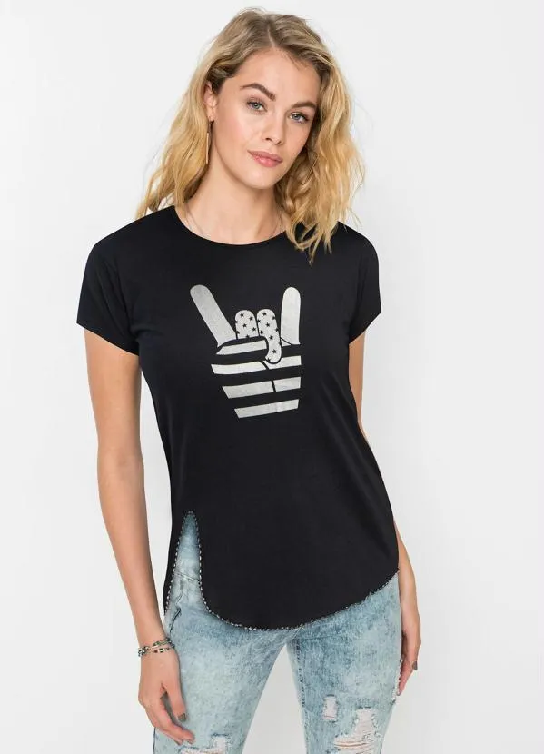 Queima Estoque - Blusa com Estampa Manga Curta Preta 5