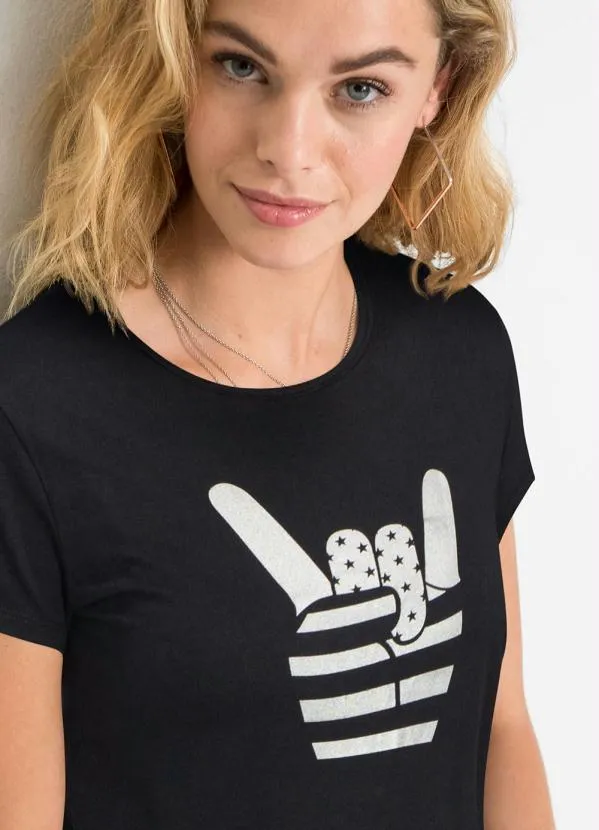 Queima Estoque - Blusa com Estampa Manga Curta Preta 3