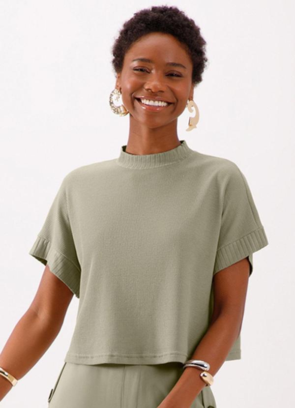 Lunender - Blusa  com Gola Alta em Malha Texturizada Verde