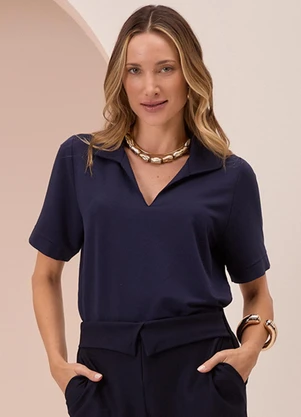 Lunender - Blusa com Gola e Decote em V Azul - LUNENDER