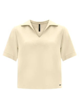 Lunender - Blusa com Gola e Decote em V Bege - LUNENDER