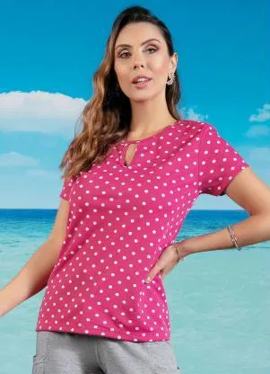 Moda Pop - Blusa com Gota Poá Pink com Manga Curta - MODA POP