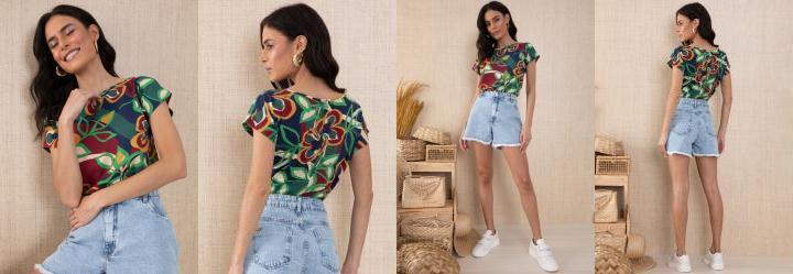 Blusa com Mangas Curtas Floral Azul