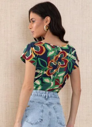Quintess - Blusa com Mangas Curtas Floral Azul - QUINTESS