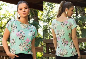 Blusa com Mangas Curtas Floral Verde