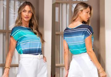 Blusa com Mangas Curtas Listrada Azul