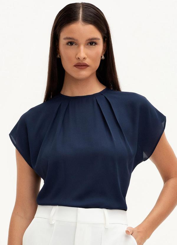 Principessa - Blusa com Ombros Deslocados de Crepe Azul Vanda