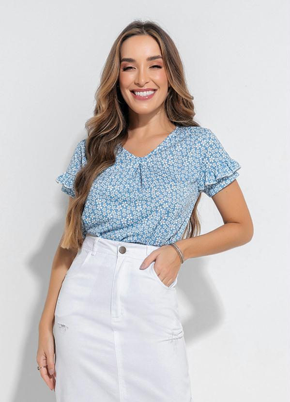 Blusa com Prega (Floral Azul) Moda Evang�lica