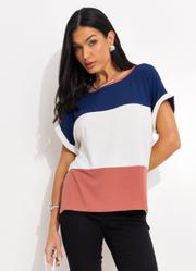 Blusa com Recortes Off White, Marinho e Rosa