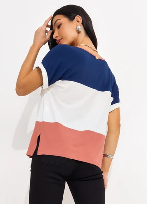 Quintess - Blusa com Recortes Off White, Marinho e Rosa - QUINTESS