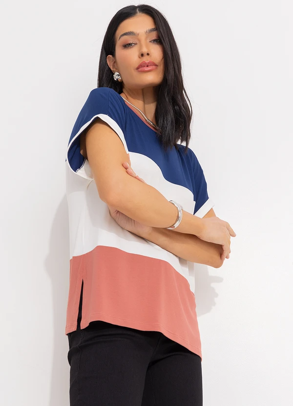Quintess - Blusa com Recortes Off White, Marinho e Rosa