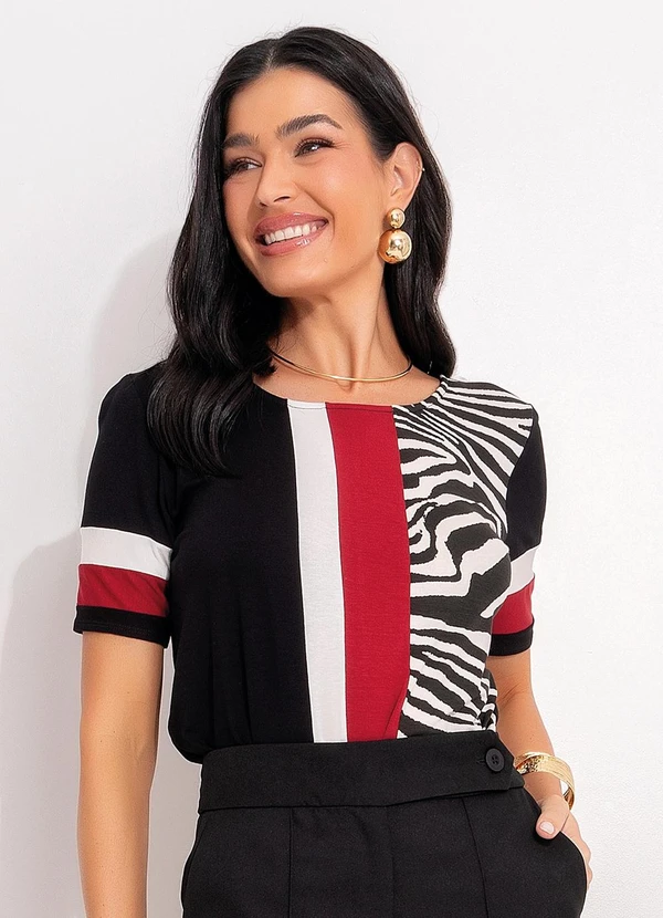 Quintess - Blusa com Recortes Preto Zebra Mangas Curtas