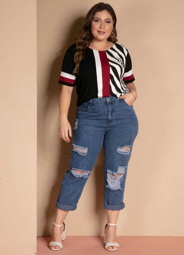 Quintess - Blusa com Recortes Preto Zebra Mangas Curtas 11