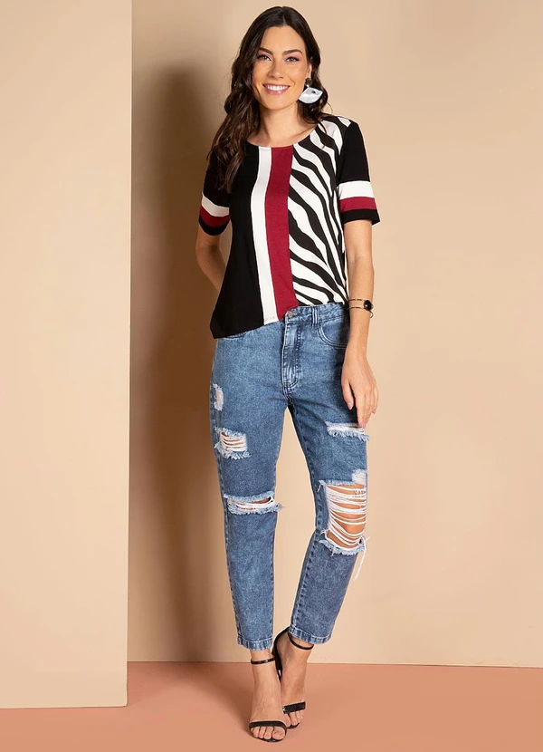 Quintess - Blusa com Recortes Preto Zebra Mangas Curtas 6