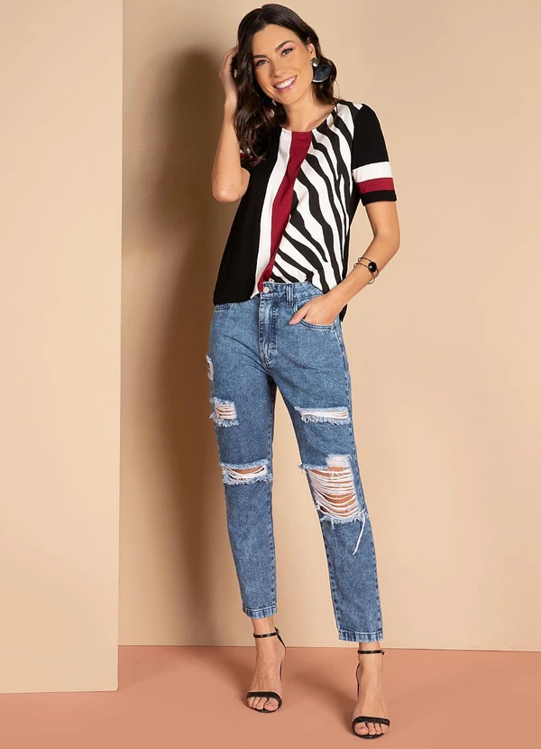 Quintess - Blusa com Recortes Preto Zebra Mangas Curtas 8