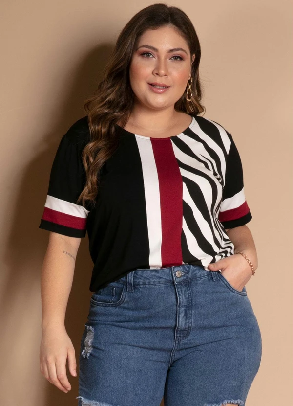 Quintess - Blusa com Recortes Preto Zebra Mangas Curtas 9