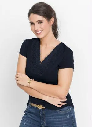 bonprix - Blusa com Renda Marinho - BONPRIX
