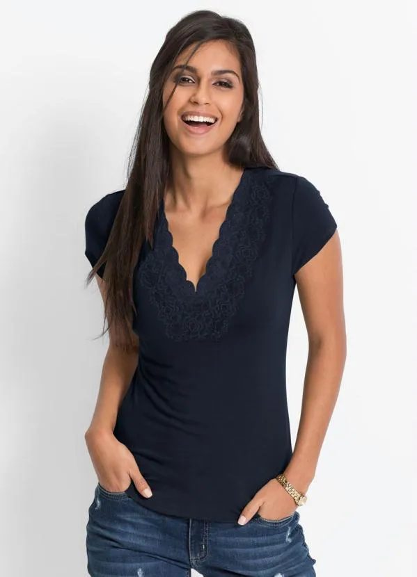 bonprix - Blusa com Renda Marinho
