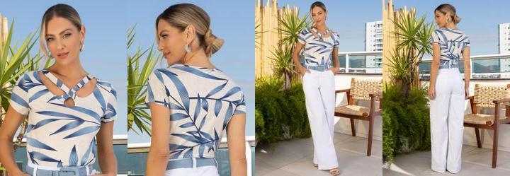 Blusa com Tiras no Decote Folhagem Azul