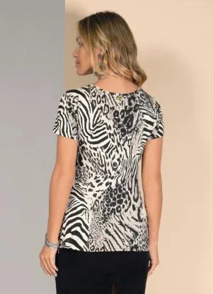 Quintess - Blusa com Tiras no Decote Onça Preta - QUINTESS