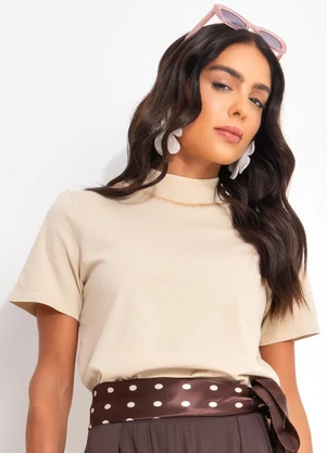 Quintess - Blusa com Trabalhado Decote Bege em Molecotton - QUINTESS