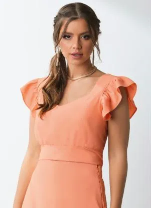 Queima Estoque - Blusa Coral Decote Coração e Babados - QUEIMA ESTOQUE