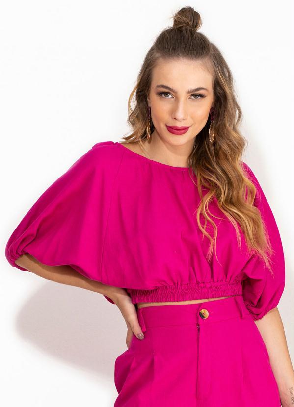 Farm - Blusa Cropped Ampla Mangas de Linho Rosa