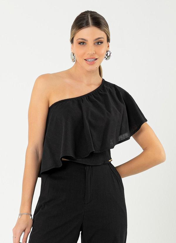 Cativa - Blusa Cropped Assimétrica em Algodão Preto